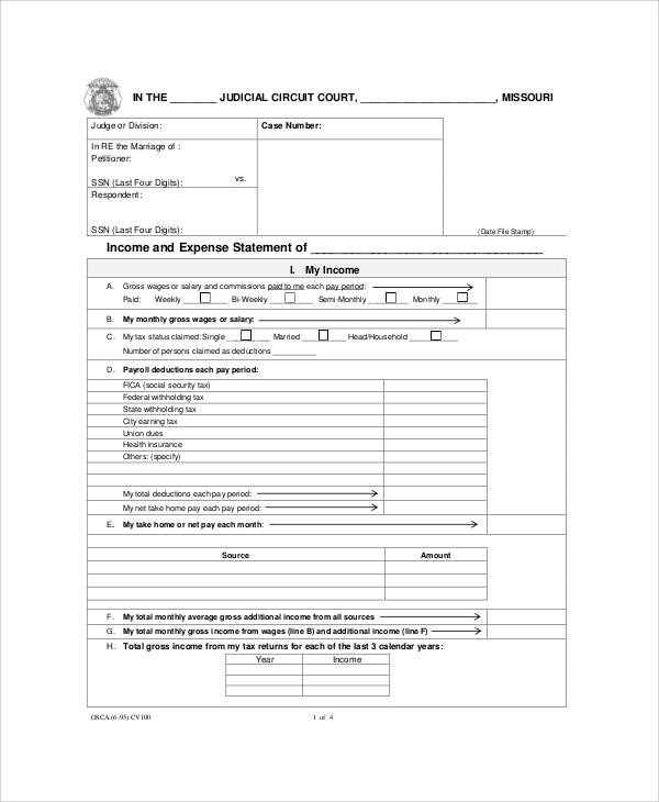 income expense statement sheet