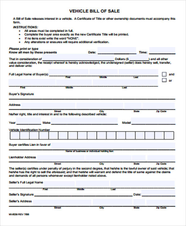 vehicle bill of sales form pdf