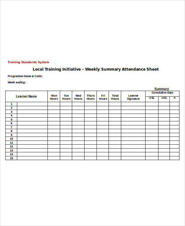 weekly attendance sheet