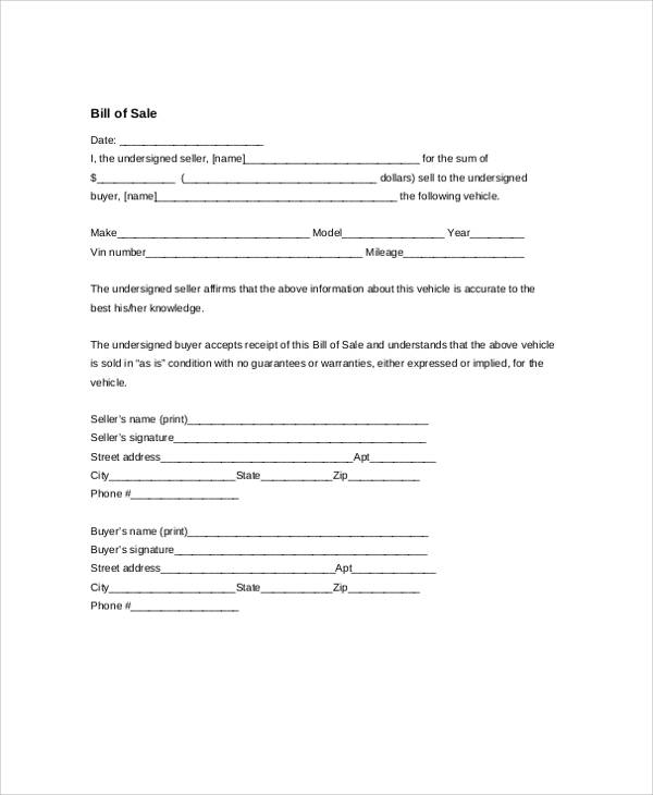 generic bill of sale receipt form