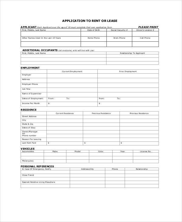 apartment lease application form example