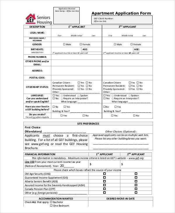 sample apartment application form