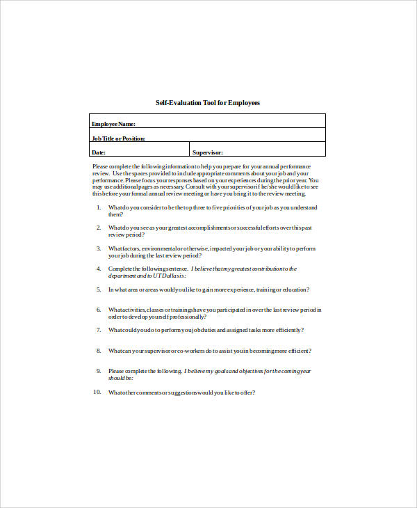 self assessment evaluation form