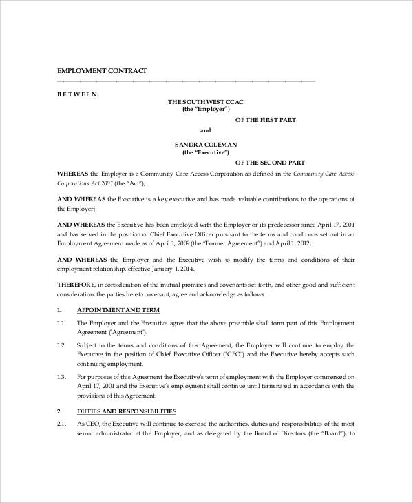 FREE 9+ Executive Employment Contract Samples in MS Word PDF