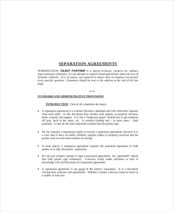 separation agreement form pdf