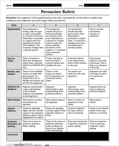 rubric for writing persuasive essay