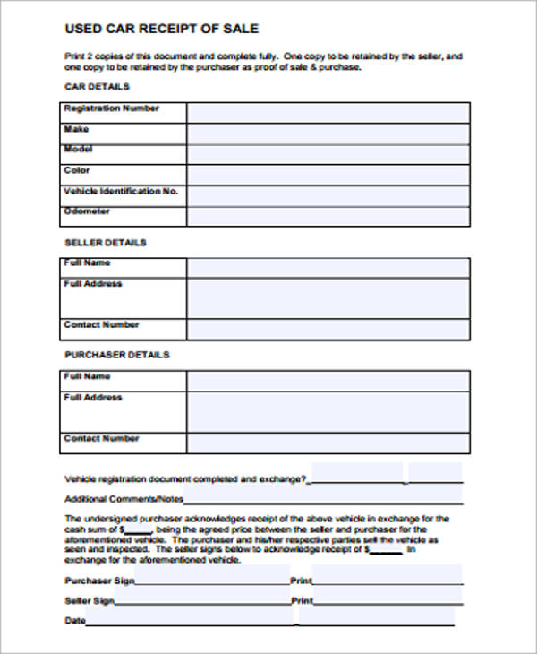 used car sales receipt form