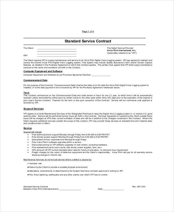 standard service agreement template