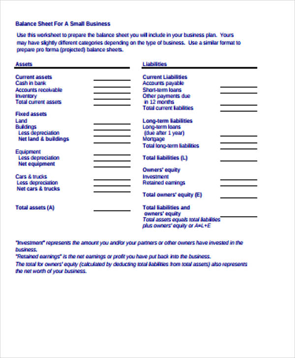 Printable Balance Sheet Business