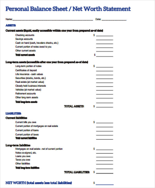 sample personal balance sheet