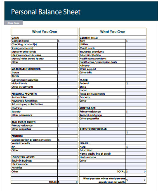 personal balance sheet sample pdf