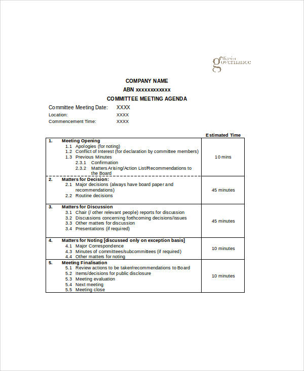 agenda for a management committee meeting