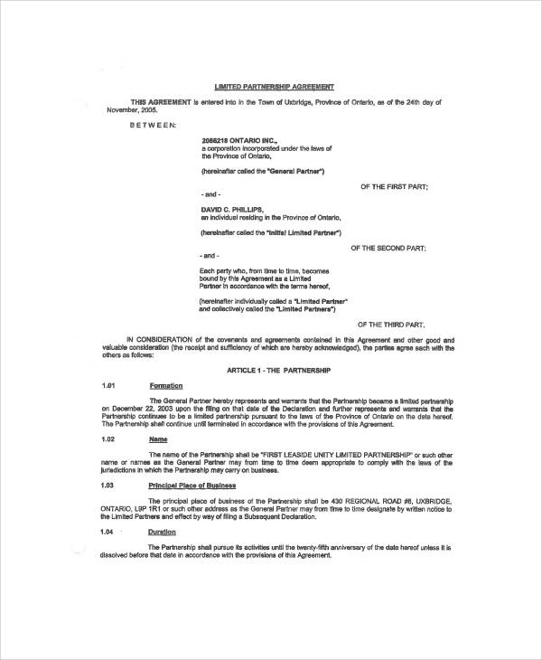 partnership agreement ontario template