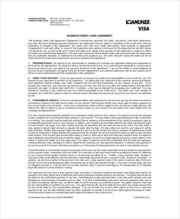 sample business credit card agreement