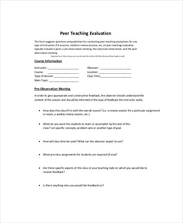 sample peer teaching evaluation form