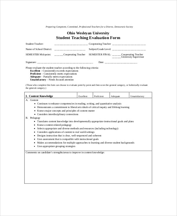 FREE 9+ Sample Teaching Evaluation Forms in MS Word | PDF
