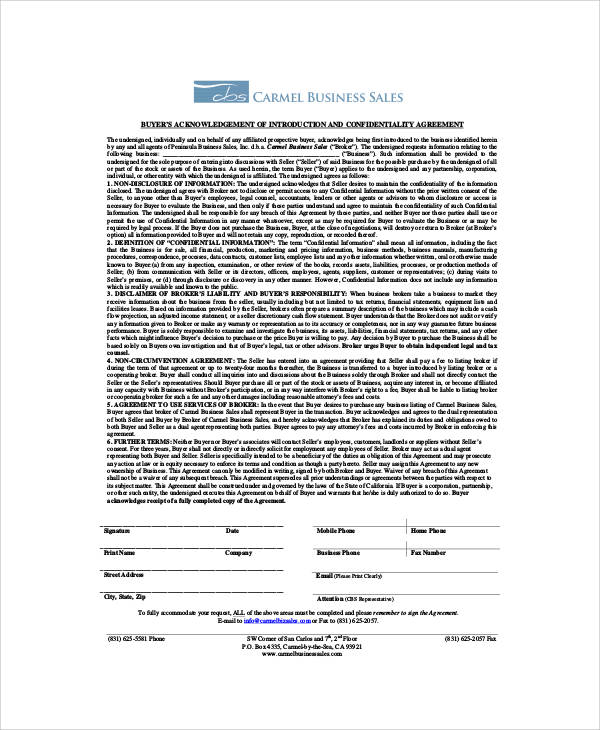 business sales confidentiality agreement