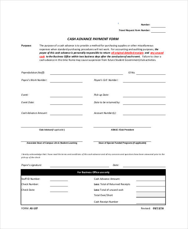 cash advance payment receipt form