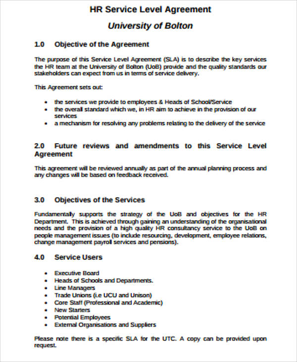 hr business service level agreement