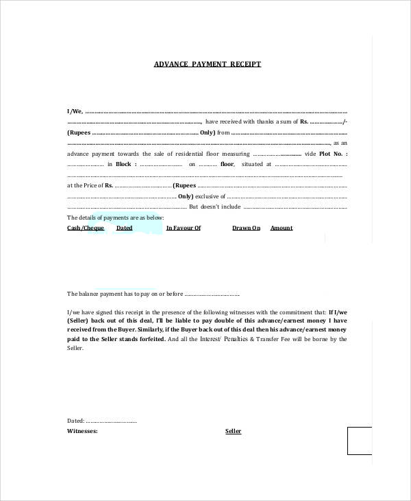 advance payment receipt example