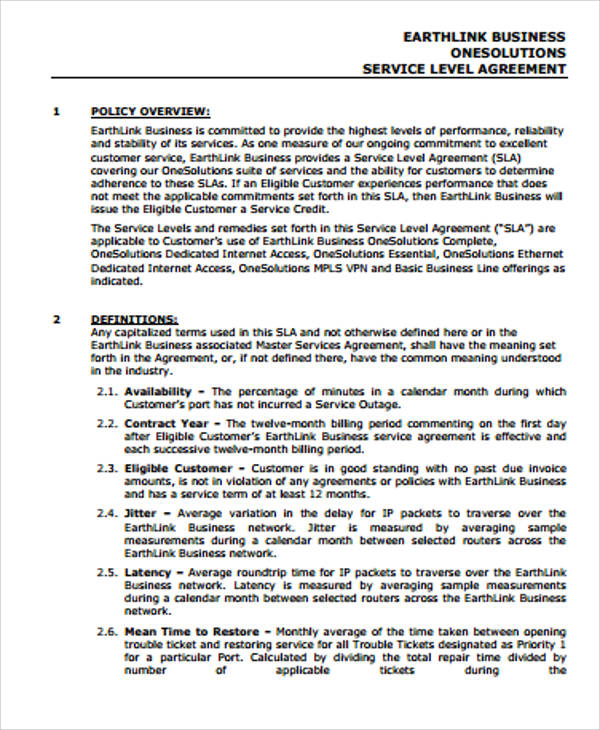 sample business service level agreement