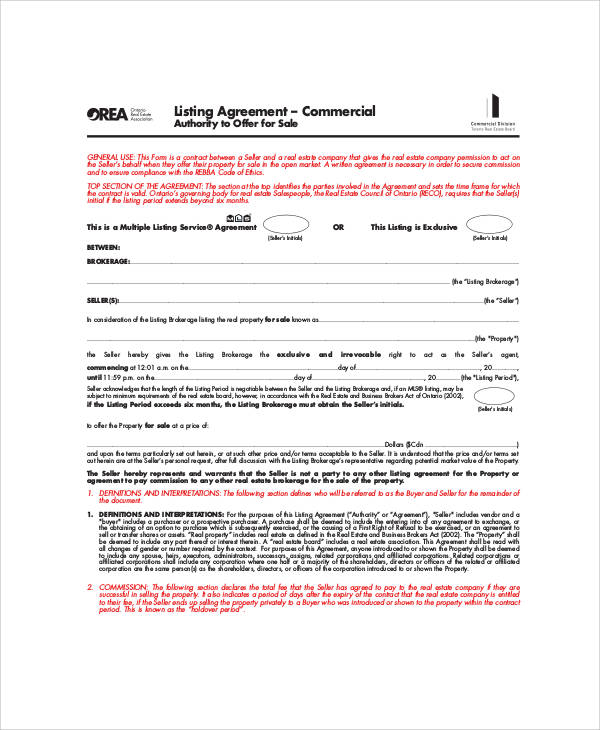 commercial business listing agreement