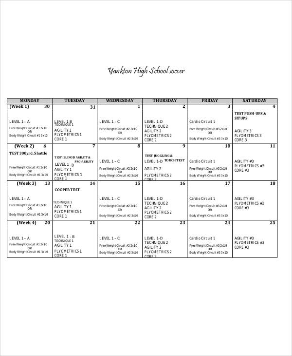 soccer workout program sheet