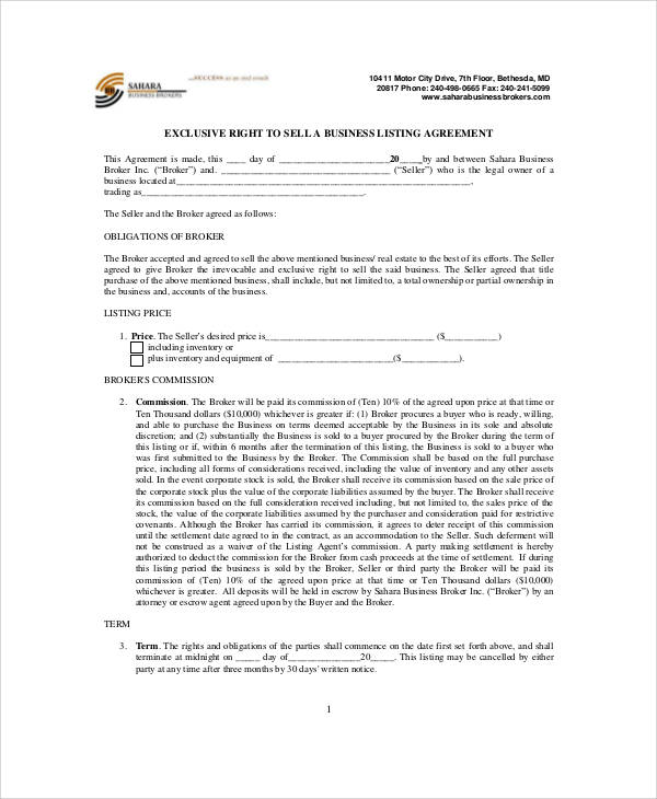 business listing agreement form example