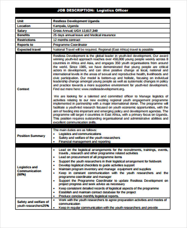 logistics officer job description sample