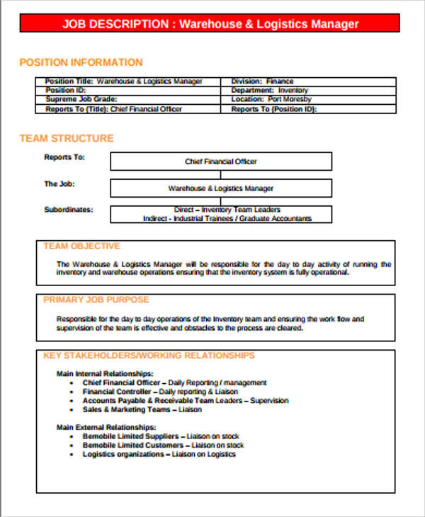 Logistic Operation Executive Job Description