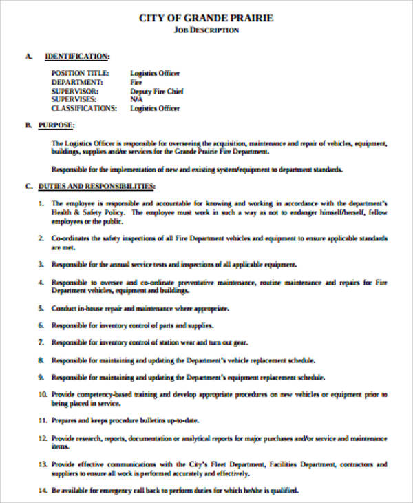 logistics officer job description pdf