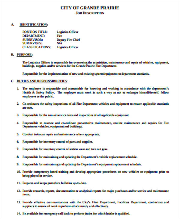 FREE 12 Logistics Job Description Samples In MS Word PDF