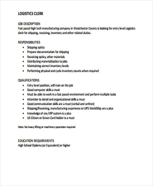 FREE 12 Logistics Job Description Samples In MS Word PDF