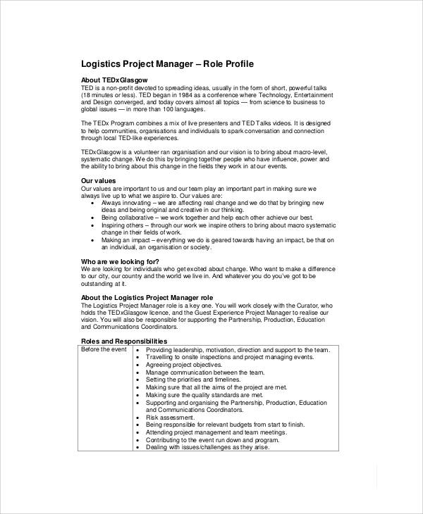 sample logistics project manager job description