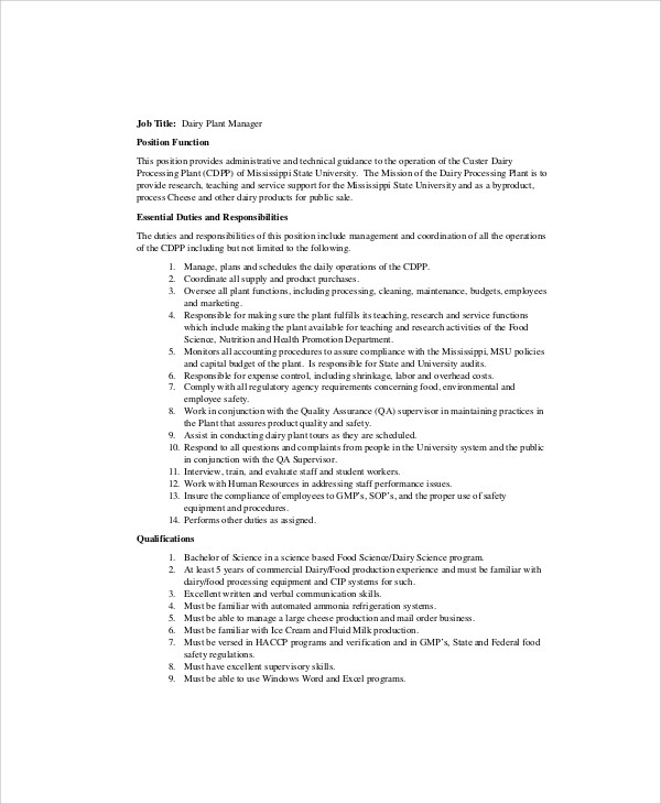 Plant Manager Job Description Sample Free Online Document