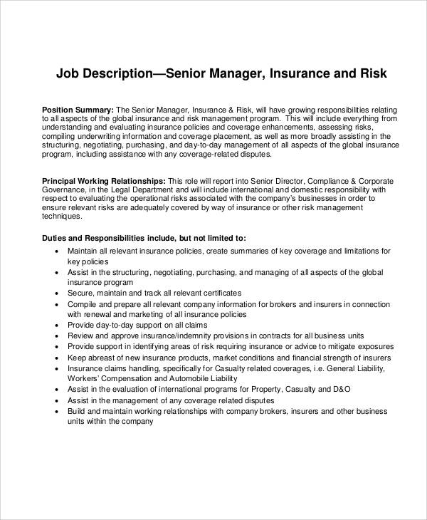 FREE 8 Risk Management Job Description Samples In MS Word PDF