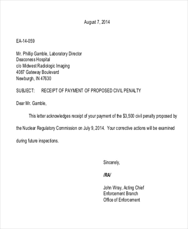 acknowledgement receipt letter for payment of proposed