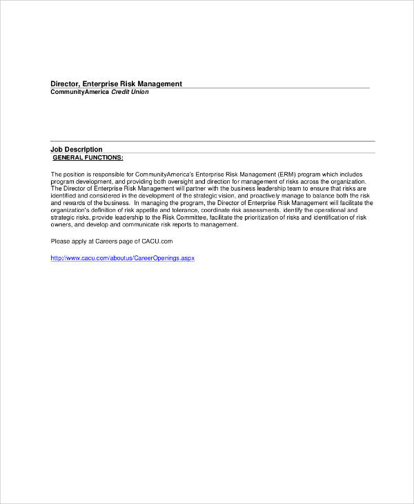 Risk management job description sample