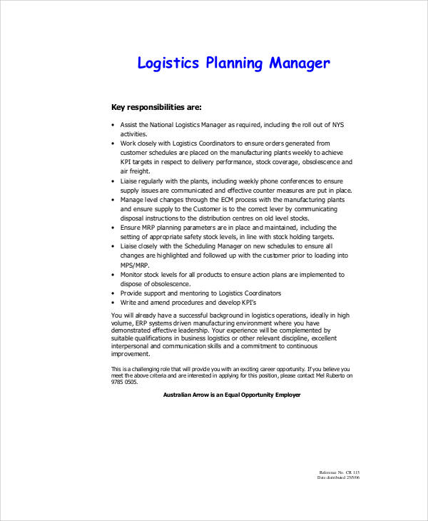 logistics planning manager job description