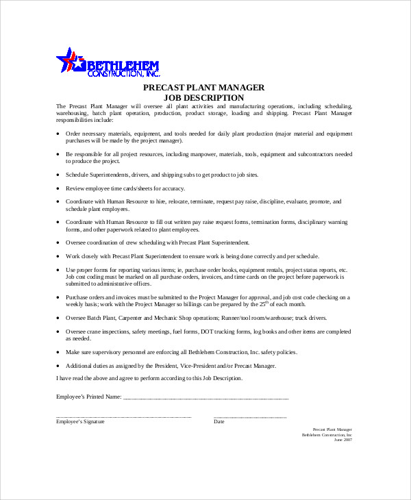 FREE 8 Plant Manager Job Description Samples In MS Word PDF