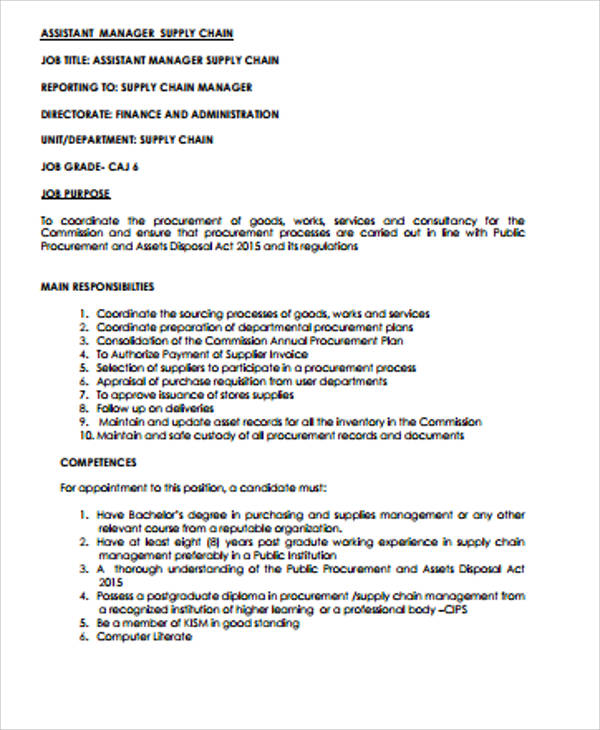 supply chain management assistant manager job description