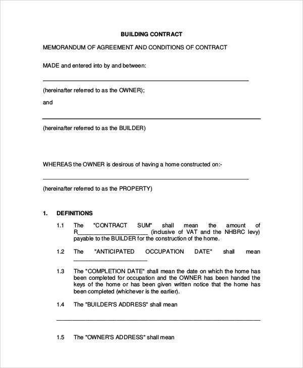 sample building contract agreement