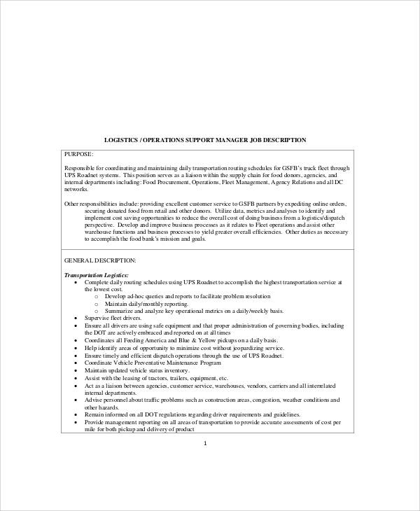 logistics support manager job description pdf