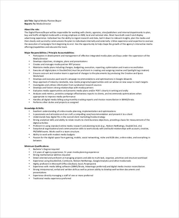 digital media planner job description sample