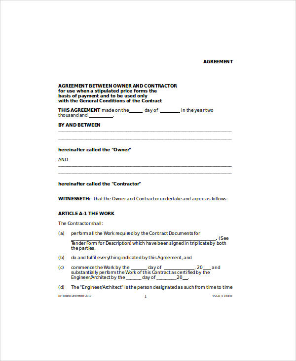 standard construction agreement contract