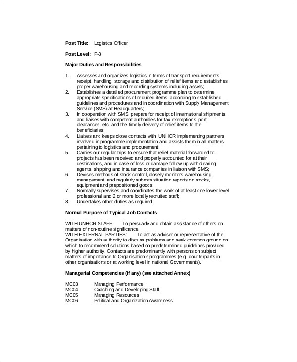 FREE 8 Logistics Officer Job Description Samples In MS Word PDF