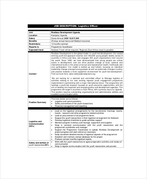 FREE 8 Logistics Officer Job Description Samples In MS Word PDF