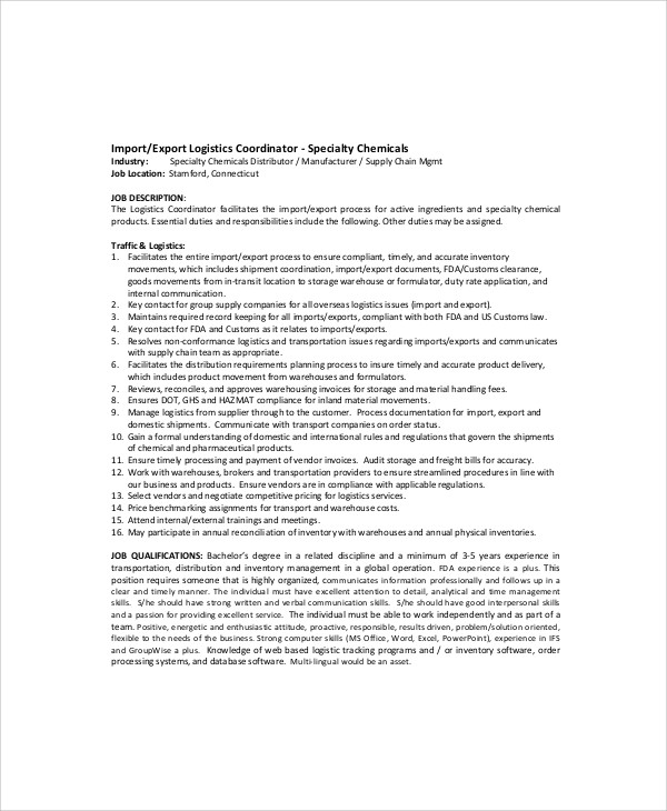 FREE 9 Logistics Coordinator Job Description Samples In MS Word PDF