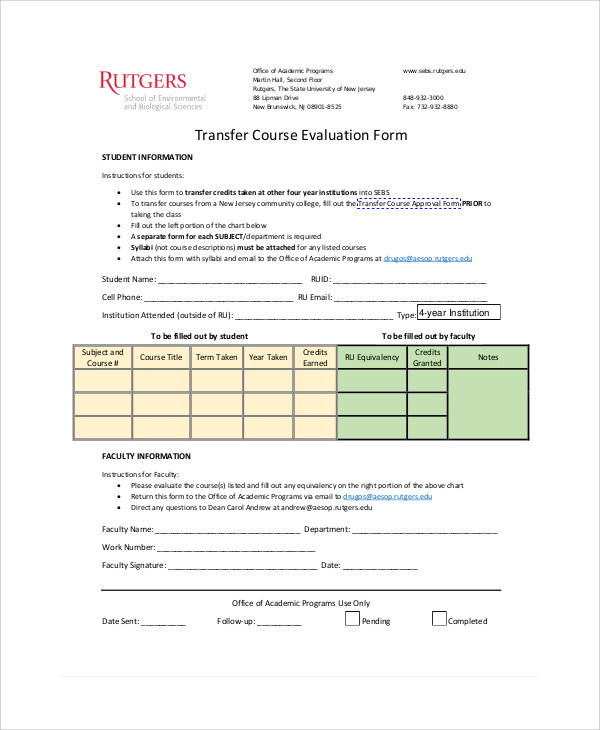 transfer course evaluation form