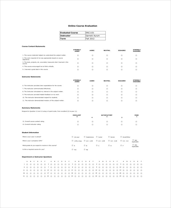 online course evaluation form